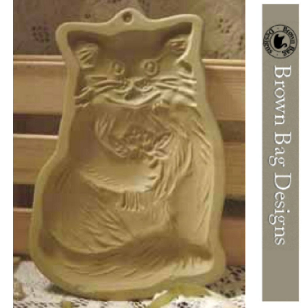 Brown Bag Cat With Flowers 1983 Clay Cookie Mold